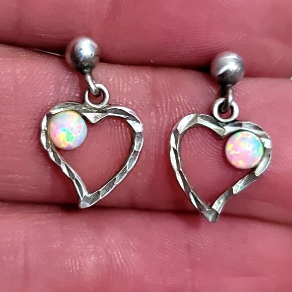 Vintage Signed Opal Drop Heart Earrings - Picture 4 of 9
